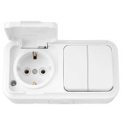Блок Bylectrica 2 выкл. + розетка с заземл. ОУ IP54 Пралеска Аква белый 2В-РЦ-659